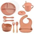 Siliconen baby servies set met zuignap bord kom beker slab lepel in mooie roze kleur - Y27 Set met deksel