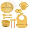Gele siliconen baby voedingsset met verdeeld bord, kom, beker, lepel, vork en slabber. - Y28 Set met deksel