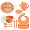 Silicone baby feeding set 9pcs toddler suction plate bowl cup bib weaning utensils - Y25 Plate with Lid + Bowl with Handles with Lid + Bib + Straw Cup + Snack Lid + Silicone Fork & Spoon + Wooden Handle Fork & Spoon