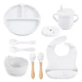 Baby siliconen servies set met zuignap bord kom kopje slabbetje lepel vork marmer. - Y1 voedingsset