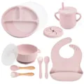 Pink silicone baby feeding set with divided plate, suction bowl, straw cup and bib for toddlers - Y26 Plate with Lid + Bowl with Handles with Lid + Bib + Straw Cup + Snack Lid + Silicone Fork & Spoon + Wooden Handle Fork & Spoon