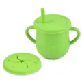 Green silicone baby sippy cup with dual handles, straw lid and snack lid for infant training. - Y7 Straw Cup + Snack Lid