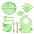Siliconen baby servies set met verdeeld bord, kom, lepel, vork, slab en drinkbeker - Y3-set