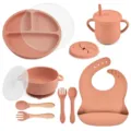 Baby silicone feeding set 9-piece toddler tableware with divided plate bowl cup and bib. - Y27 Plate with Lid + Bowl with Handles with Lid + Bib + Straw Cup + Snack Lid + Silicone Fork & Spoon + Wooden Handle Fork & Spoon
