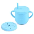 Blue silicone baby sippy cup with dual handles, straw lid and snack lid variant view. - Y9 Straw Cup + Snack Lid