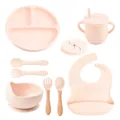 Roze baby siliconen servies set met verdeeld bord zuignap kom beker lepel vork slabber - Y4-set