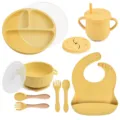 Silicone baby feeding set with divided plate, suction bowl, sippy cup, spoons, fork and bib. - Y28 Plate with Lid + Bowl with Handles with Lid + Bib + Straw Cup + Snack Lid + Silicone Fork & Spoon + Wooden Handle Fork & Spoon