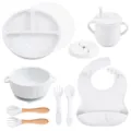 9-Piece Baby Silicone Feeding Set Marble Pattern Suction Plate Bowl Cup Bib Fork - Y1 Plate with Lid + Bowl with Handles + Bib + Straw Cup + Snack Lid + Silicone Fork & Spoon + Wooden Handle Fork & Spoon