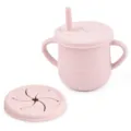 Pink silicone baby training cup with dual handles, straw lid, and snack lid for toddlers. - Y26 Sippy Cup with Snack Lid