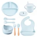 Siliconen Baby Servies Set Lichtblauw Verdeeld Bord Kom Slabbetje Beker - Y5-set