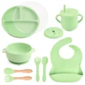 9-piece silicone baby feeding set with divided plate, suction bowl, straw cup, and bib. - Y3 Plate, Lid, Ear Bowl, Bib, Sippy Cup, Snack Lid, Silicone & Wood Utensils