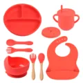 Rood siliconen baby eetset met zuignap bord, kom, beker, lepel, vork en slabbetje voor peuters. - Y6 voedingsset