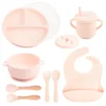 Silicone baby feeding set with divided plate bowl cup spoon fork and bib for toddlers pink - Y4 Plate, Lid, Ear Bowl, Bib, Sippy Cup, Snack Lid, Silicone & Wood Utensils