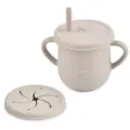 Beige silicone baby training sippy cup with straw, dual handles and interchangeable snack lid. - Y20 Sippy Cup with Snack Lid
