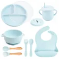 Silicone baby feeding set 9-piece toddler tableware with plate bowl cup fork spoon and bib blue. - Y5 Plate, Lid, Ear Bowl, Bib, Sippy Cup, Snack Lid, Silicone & Wood Utensils