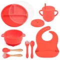 9-piece baby silicone feeding set with suction plate bowl cup bib and spoons for toddlers. - Y6 Plate, Lid, Ear Bowl, Bib, Sippy Cup, Snack Lid, Silicone & Wood Utensils
