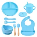 Baby siliconen servies set verdeeld zuignap bord kom kop lepel vork bib blauw - Y9-set