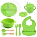 Silicone baby feeding set 9 piece toddler suction plate bowl cup fork spoon bib green - Y7 Plate, Lid, Ear Bowl, Bib, Sippy Cup, Snack Lid, Silicone & Wood Utensils