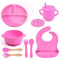 9-piece silicone baby feeding set divided plate suction bowl cup spoon fork bib pink - Y8 Plate, Lid, Ear Bowl, Bib, Sippy Cup, Snack Lid, Silicone & Wood Utensils