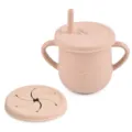 Pink silicone baby sippy cup with dual handles, straw lid and snack lid for toddlers. - Y15 Straw Cup + Snack Lid