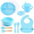 9-Piece Baby Silicone Tableware Set Kids Feeding Utensils Light Blue Toddler Food Plate - Y9 Dinner Plate + Lid + Ear Bowl + Bib + Sippy Cup + Snack Lid + Silicone Spoon & Fork + Wood Handle Spoon & Fork