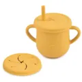 Yellow silicone baby training cup with dual handles, straw lid and spill-proof snack lid. - Y17 Sippy Cup with Snack Lid
