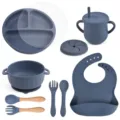 Silicone baby tableware set 9 pieces in blue grey with divided plate, bowl and bib. - Y10 Dinner Plate + Lid + Ear Bowl + Bib + Sippy Cup + Snack Lid + Silicone Spoon & Fork + Wood Handle Spoon & Fork