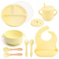 Baby silicone feeding set, 9-piece toddler suction plate bowl bib and cup in butter yellow. - Y11 Dinner Plate + Lid + Ear Bowl + Bib + Sippy Cup + Snack Lid + Silicone Spoon & Fork + Wood Handle Spoon & Fork