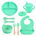 Mintgroen siliconen baby servies set met zuignap bord kom bekertje lepel vork en slab - Y13-set