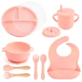 9-Piece Silicone Baby Feeding Set with Divided Plate, Bowl, Cup, Bib and Spoon Fork - Y12 Dinner Plate + Lid + Ear Bowl + Bib + Sippy Cup + Snack Lid + Silicone Spoon & Fork + Wood Handle Spoon & Fork