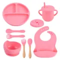Roze siliconen baby servies set met een verdeeld bord, kom, kopje, lepel, vork en slab - Y14-set
