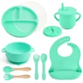 Baby silicone feeding set 9-piece toddler suction plate bowl spoon fork bib mint green - Y13 Dinner Plate + Lid + Ear Bowl + Bib + Sippy Cup + Snack Lid + Silicone Spoon & Fork + Wood Handle Spoon & Fork