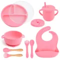 Pink silicone baby feeding set with divided plate, suction bowl, cup, spoon, fork, and bib. - Y14 Dinner Plate + Lid + Ear Bowl + Bib + Sippy Cup + Snack Lid + Silicone Spoon & Fork + Wood Handle Spoon & Fork