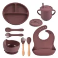 Siliconen baby eetset, verdeeld bord, kom, beker, lepel, vork, slabbetje voor peuters. - Y16-set