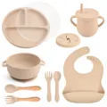 Silicone baby feeding set 9 pieces including suction plate, bowl, cup, bib, and spoon fork. - Y15 Plate + Lid + Ear Bowl + Bib + Straw Cup + Snack Lid + Silicone Spoon & Fork + Wood Handle Spoon & Fork