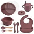Silicone baby feeding set 9-piece toddler tableware with divided suction plate, bowl, cup, and bib. - Y16 Plate + Lid + Ear Bowl + Bib + Straw Cup + Snack Lid + Silicone Spoon & Fork + Wood Handle Spoon & Fork