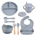 Siliconen baby servies set met verdeeld bord kom lepel vork bib en drinkbeker grijs - Y18-set