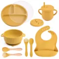 Baby silicone feeding set 9-piece infant suction plate bowl cup fork spoon bib yellow - Y17 Plate + Lid + Ear Bowl + Bib + Straw Cup + Snack Lid + Silicone Spoon & Fork + Wood Handle Spoon & Fork