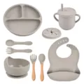 Siliconen Baby Eetset Grijs Servies Babyschaal Verdeeld Bord Slabbetje Lepel Vork Beker - Y20-set