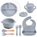 Baby silicone feeding set, 9-piece grey toddler suction plate bowl cup bib spoon fork. - Y18 Plate + Lid + Ear Bowl + Bib + Straw Cup + Snack Lid + Silicone Spoon & Fork + Wood Handle Spoon & Fork