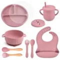 Silicone baby feeding set with divided plate, bowl, cup, spoon, fork, and bib in pink. - Y19 Plate + Lid + Ear Bowl + Bib + Straw Cup + Snack Lid + Silicone Spoon & Fork + Wood Handle Spoon & Fork