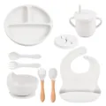 Siliconen baby servies set met verdeel bord, kom, beker, lepel, vork en slabbetje voor kinderen. - Y23 set