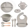 Grey silicone baby feeding set 9pcs infant weaning tableware with plate bowl cup bibs - Y20 Plate + Lid + Ear Bowl + Bib + Straw Cup + Snack Lid + Silicone Spoon & Fork + Wood Handle Spoon & Fork