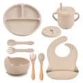 Siliconen baby servies set met verdeeld bord, kom, drinkbeker, slabbetje en lepels. - Y24 set