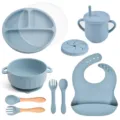 Baby silicone feeding set 9pcs blue toddler suction plate bowl cup bib spoon fork set - Y21 Plate + Lid + Ear Bowl + Bib + Straw Cup + Snack Lid + Silicone Spoon & Fork + Wood Handle Spoon & Fork