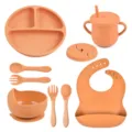 Siliconen baby eetset met verdeeld bord, kom, tuitbeker, slabbetje en lepels voor kinderen. - Y25 set