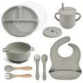 Silicone baby feeding set, 9-piece grey green toddler tableware with divided plate and bib. - Y22 Plate + Lid + Ear Bowl + Bib + Straw Cup + Snack Lid + Silicone Spoon & Fork + Wood Handle Spoon & Fork