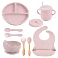 Roze siliconen baby eetset peuter zuignap bord kom kop lepel vork slabbetje - Y26 set