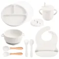 Silicone baby feeding set, 9-piece infant weaning tableware in light beige color variant. - Y23 Plate + Lid + Ear Bowl + Bib + Straw Cup + Snack Lid + Silicone Spoon & Fork + Wood Handle Spoon & Fork