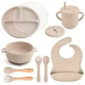 Silicone baby feeding set with suction plate, bowl, cup, spoon, fork and bib for toddlers safe. - Y24 Plate + Lid + Ear Bowl + Bib + Straw Cup + Snack Lid + Silicone Spoon & Fork + Wood Handle Spoon & Fork